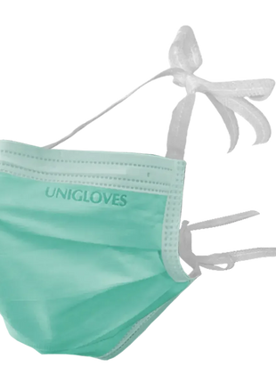 Grüne medizinische Einweg-Gesichtsmaske mit Bändern und Aufdruck Unigloves, Hygieneprodukt
