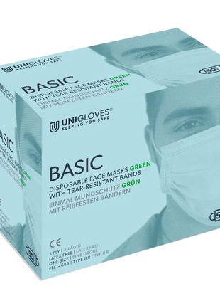 Unigloves Basic grüne Einweg-Mundschutzmasken mit reißfesten Bändern, 50 Stück, Verpackung
