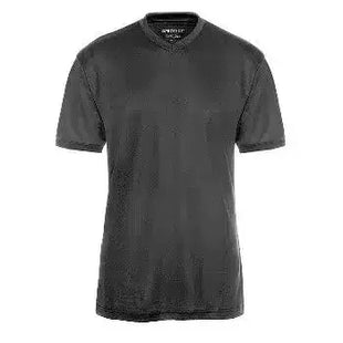 Schwarzes Herren T-Shirt mit V-Ausschnitt, kurzärmelig, auf weißem Hintergrund, Hygiene Bekleidung