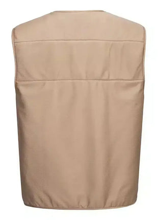 Beige Schutzweste aus Stoff, Rückansicht, medizinische Arbeitskleidung, Hygiene