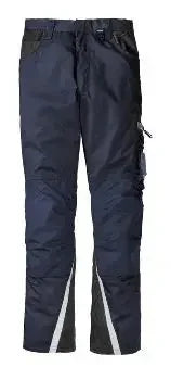 Dunkelblaue Arbeitshose mit reflektierenden Streifen und Seitentaschen, robustes Design