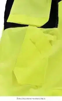 Detailaufnahme neon-gelbe Schutzkleidung, hochwertiges Material, professionelle Hygiene