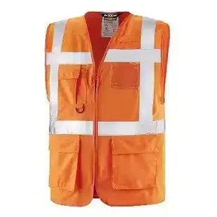 Orange Warnweste mit reflektierenden Streifen, Sicherheitsweste für Arbeitsschutz, Vorderseite mit Taschen
