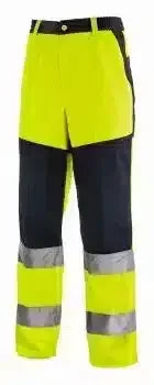 Warnschutzhose mit Reflektorstreifen, gelb und dunkelblau, für Arbeitsschutz, professionelle Hygiene