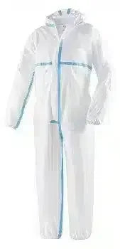 Weiße Schutzoverall mit Kapuze und blauen Nähten, Einweg-Overall für Hygiene und Medizin