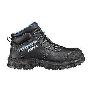 Sicherheitsstiefel schwarz mit blauer Zierleiste und RUNNEX-Logo, rutschfeste Sohle