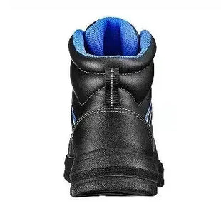 Schwarzer Sicherheitsschuh mit blauen Details, rutschhemmend, medizinisch geeignet, Rückansicht