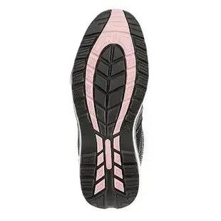 Laufsohle eines Sportschuhs in Schwarz mit rosa Akzenten, rutschfestes Profil, Hygieneprodukt