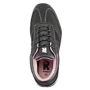 Schwarzer Sneaker mit weißen Nähten und rosafarbener Innenfütterung, Draufsicht, Größe 39