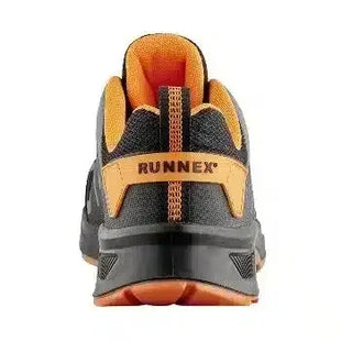 Runnex Sicherheitsschuh, schwarz-orange, robust, rutschfeste Sohle, Fersenansicht