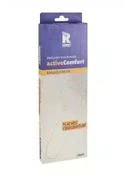 Einlegesohlen activeComfort in violett-gelber Verpackung, Fuß-Illustration sichtbar.