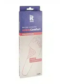 Verpackung mit Einlegesohlen, Fußabbildung, lila-weißes Design, Komfortfußbett Produktfoto