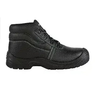 Schwarzer Sicherheitsstiefel, stabile Sohle, Obermaterial Leder, ideal für Arbeitsschutz