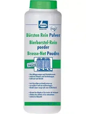 Bürstenreiniger Pulver Flasche mit grünem Deckel, Beschriftung für professionelle Hygiene und Reinigung von Borsten und Bierbürsten, Produktfoto auf weißem Hintergrund.