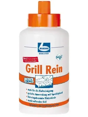 Grillreiniger Flasche mit orangefarbenem Deckel, professionelle Reinigungslösung für Grillrost, sichtbare Gebrauchsanweisungen auf dem Etikett.