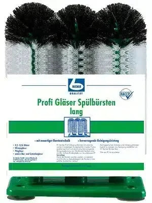 Dreifache Profi Gläser Spülbürsten lang mit grünem Sockel, schwarze und weiße Borsten, hygienisch