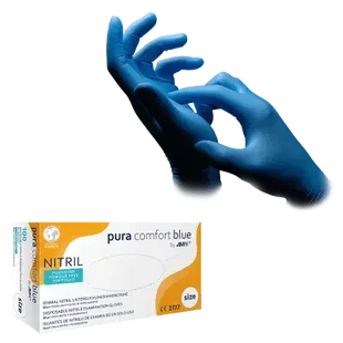 Blaue Nitrilhandschuhe, medizinisch, puderfrei, anziehend, Verpackung sichtbar, Hygieneprodukt