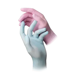 Zwei behandschuhte Hände, eine in Blau, eine in Rosa, stehen hygienisch gegenüber.