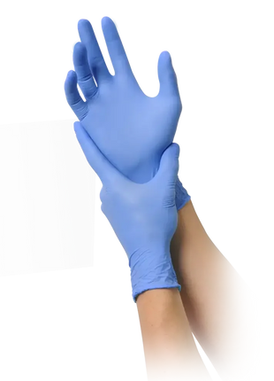 Blaue Einweghandschuhe aus Nitril, Schutz für Medizin und Hygiene, getragen an Händen