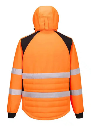 Warnschutzjacke orange mit Kapuze und reflektierenden Streifen, Rückenansicht, Arbeitsschutz