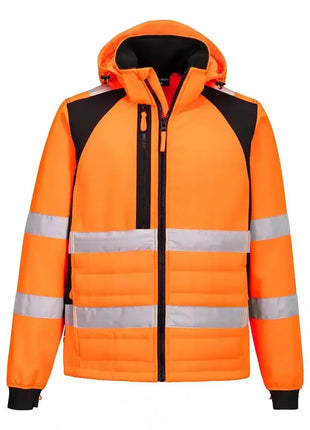 Signaljacke orange mit Kapuze und Reflexstreifen, Warnschutz für Arbeit und Sicherheit