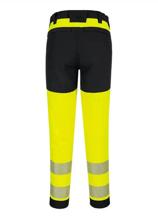 Warnschutzhose in Gelb und Schwarz mit reflektierenden Streifen, Rückansicht, PSA für Arbeitssicherheit