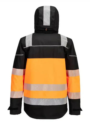Warnschutzjacke mit Kapuze, orange-schwarz, reflektierende Streifen, Arbeitsschutz