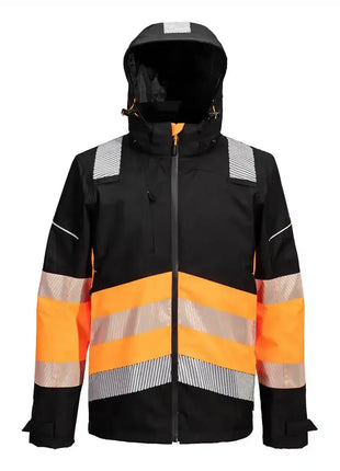 Schwarze Warnschutzjacke mit Kapuze, neonorange und silber reflektierende Streifen, PSA Arbeitskleidung