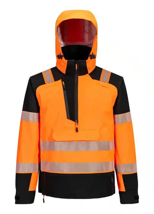 Warnschutzjacke mit Kapuze, orange-schwarz, reflektierende Streifen, professionelle Schutzkleidung