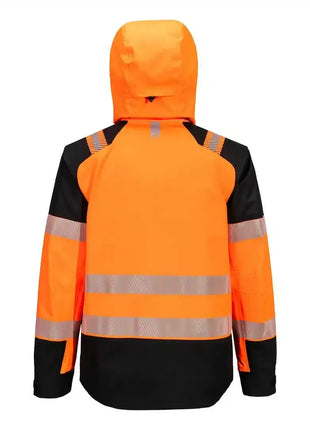 Warnschutzjacke mit Kapuze, orange-schwarz, reflektierende Streifen, Rückansicht, Arbeitskleidung