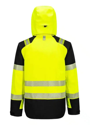 Warnschutzjacke in Gelb mit Reflexstreifen und Kapuze, Rückansicht, Arbeitsschutz