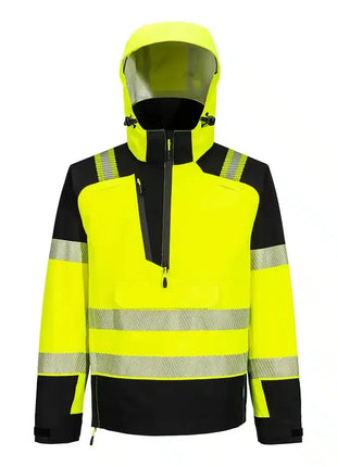 Warnschutzjacke mit Kapuze, reflektierende Streifen, gelb-schwarz, professionelle Schutzkleidung