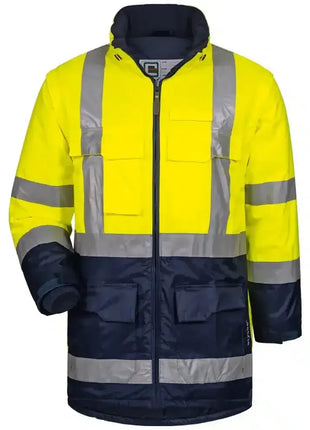 Warnschutzjacke gelb-marineblau mit reflektierenden Streifen, Reißverschluss und Taschen
