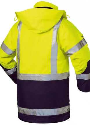 Warnschutzjacke mit Kapuze, gelb-schwarz, reflektierende Streifen, Arbeitsschutz, Rückansicht