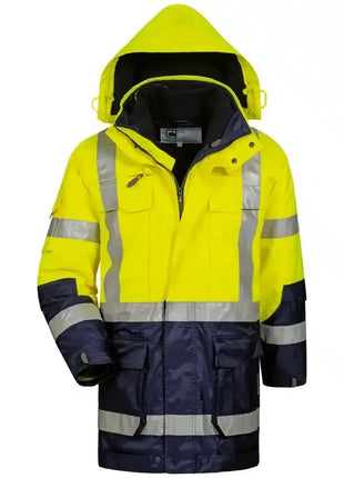 Warnschutzjacke mit Kapuze, gelb-blau, reflektierende Streifen, Sicherheitsbekleidung