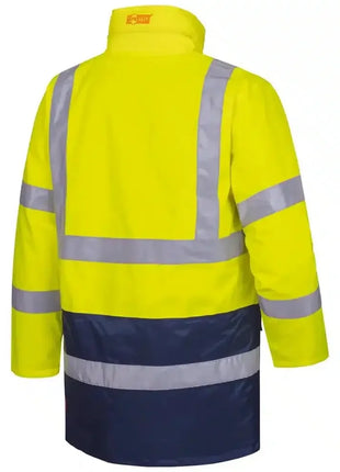 Warnschutzjacke gelb marineblau mit reflektierenden Streifen, Sicherheitsbekleidung Rückenansicht