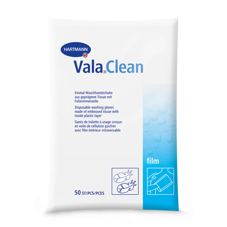 ValaClean Einmal-Waschhandschuhe aus geprägtem Tissue mit Folieninnenseite, 50 Stück