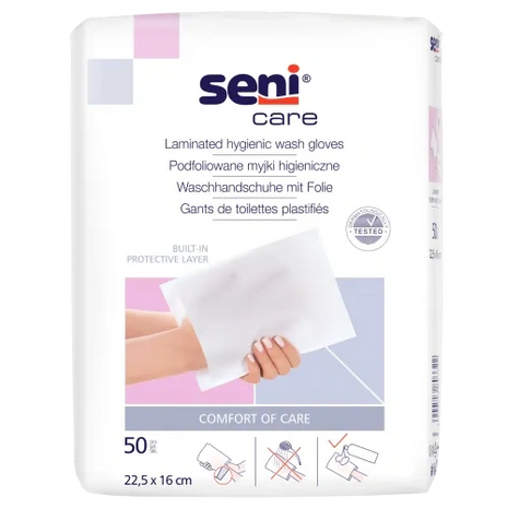 Seni Care Einmal-Waschhandschuhe foliert – Zellstoff mit Folienbeschichtung