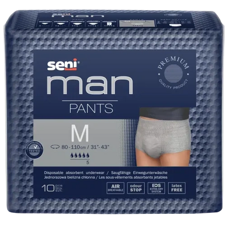 Seni Man Pants M, Inkontinenzhosen für Männer, atmungsaktiv, geruchsdicht, latexfrei, 10 Stück