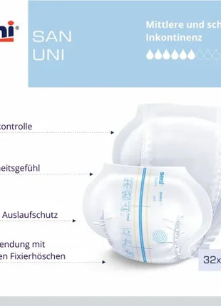 Inkontinenzhose SAN UNI für mittlere bis schwere Inkontinenz, 32x62,5 cm, mit Geruchskontrolle und Seitenschutz