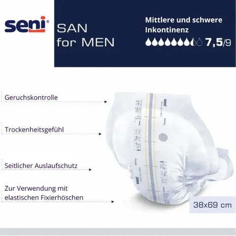 Inkontinenzhose für Männer mit Geruchskontrolle und seitlichem Auslaufschutz, 38x69 cm