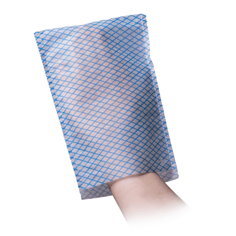 Einweghandschuh mit blauem Gittermuster, ideal für medizinische Pflege und Hygiene