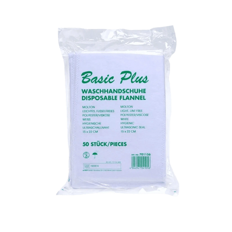 Basic Plus Waschhandschuhe, 50 Stück, hygienisch, weiß, aus Molton für Pflege und Homecare