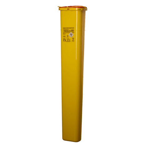 Gelber Sharps-Container für medizinischen Abfall mit Biohazard-Symbol, ideal für Praxen und Pflegeeinrichtungen