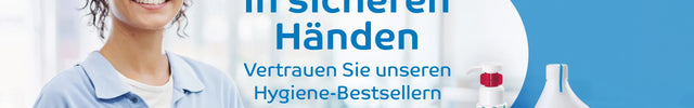 Lächelnde Frau in Arbeitskleidung, daneben Schülke Desinfektionsmittel und Hygieneprodukte, Text: Unsere Hygiene-Bestseller für sicheren Schutz, jetzt Vorteilspreise sichern.
