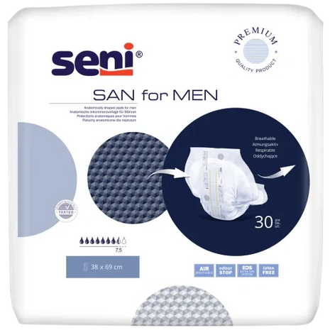 Seni SAN for MEN Inkontinenzprodukt, atmungsaktiv, 30 Stück, 38 x 69 cm, latexfrei
