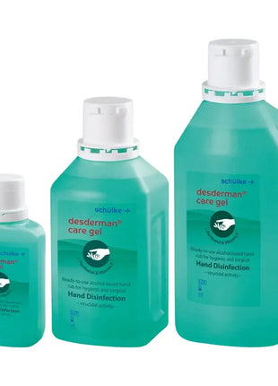Desderman care gel Flaschen in drei Größen, alkoholisches Handdesinfektionsmittel