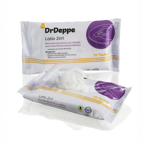Lotio 2in1 Pocket-Flowpack 15 Tücher | Hände- & Flächendesinfektion | Begrenzt viruzid