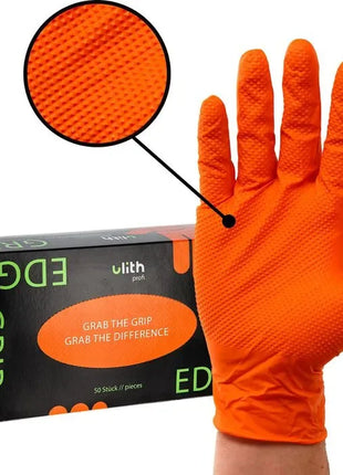 Orange Nitrilhandschuhe mit Grip-Textur, genoppt, Einmalhandschuhe, Verpackung im Hintergrund