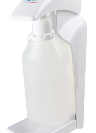 Weißer Desinfektionsmittelspender mit transparenter Nachfüllflasche, hygienisch, modern